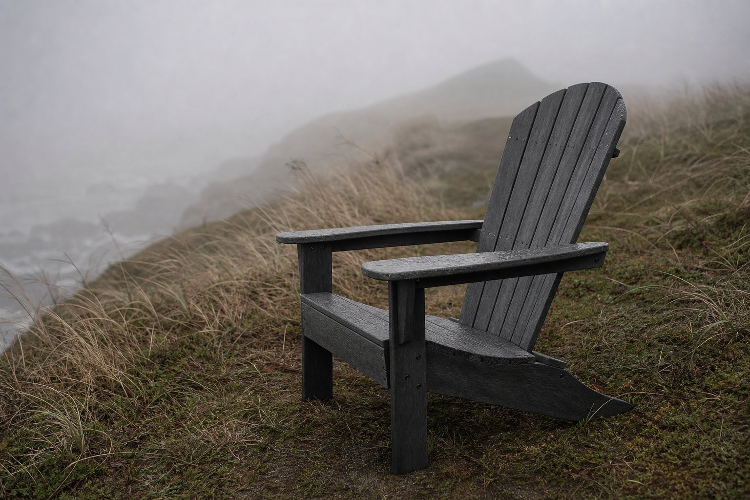 Charcoal Adirondack chair on a foggy coastal bluff at dawn — atmosphere study