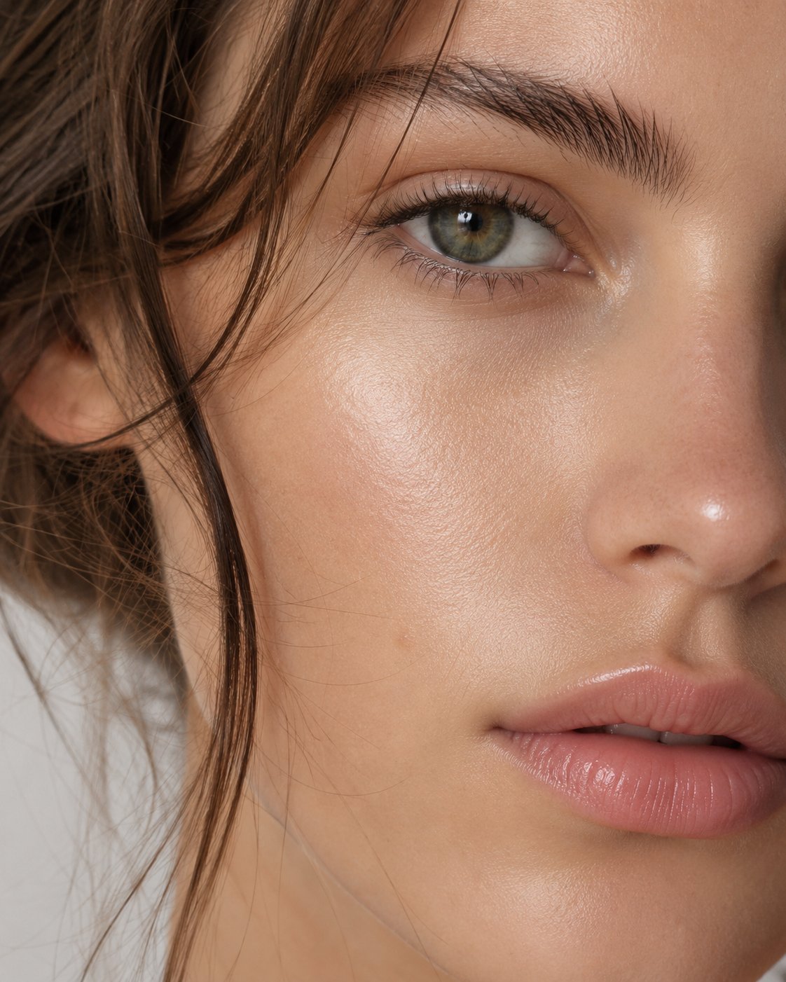 Beauty close-up of a woman in soft even light with natural skin texture — portrait lighting study