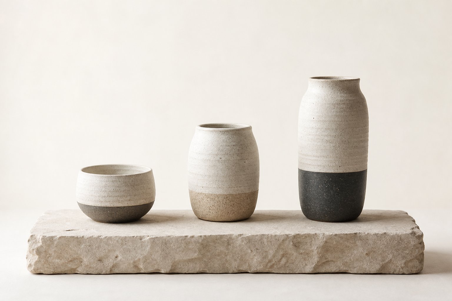 Three stoneware vessels on limestone in soft north light — minimal ceramics study