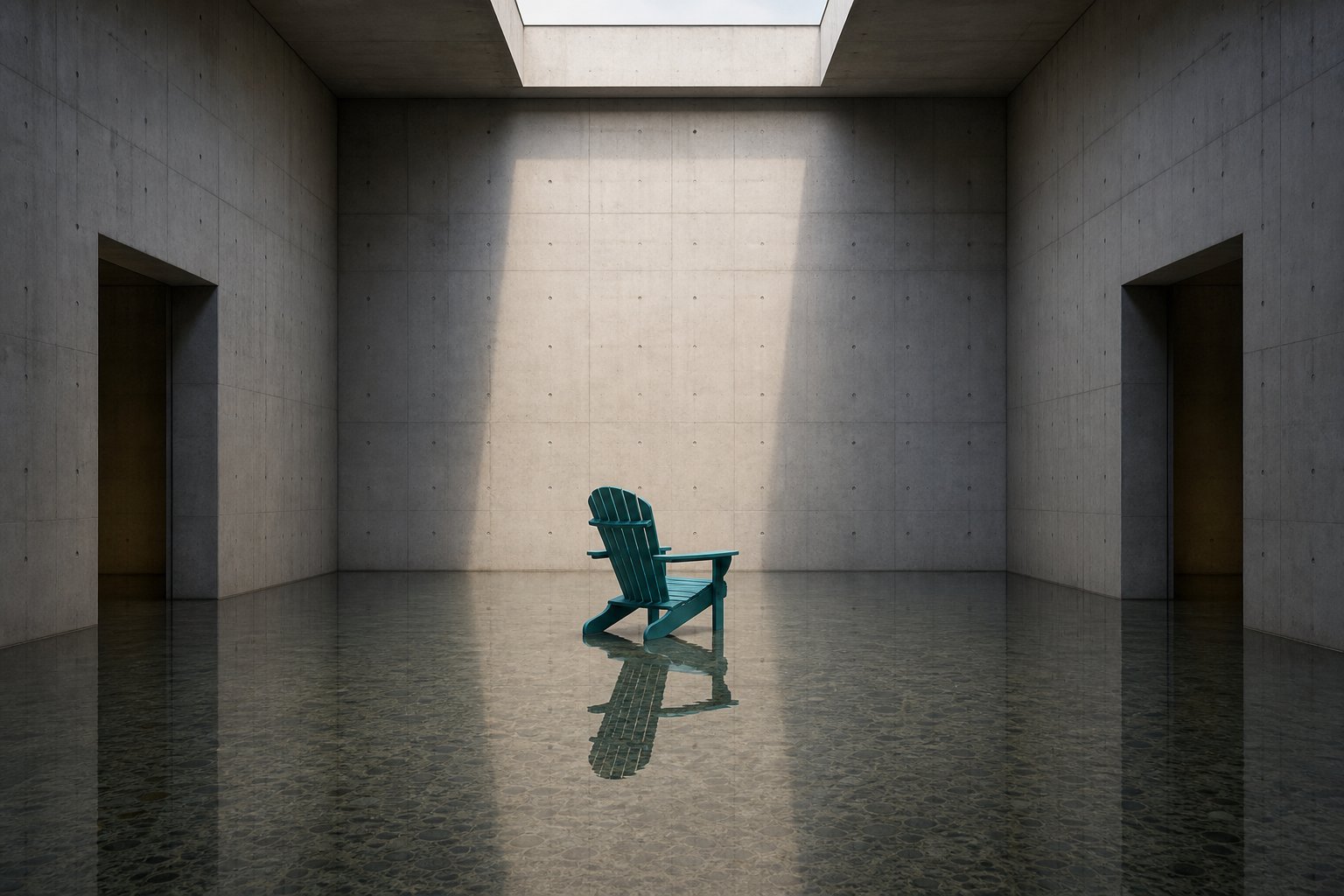 Teal Adirondack chair in a flooded concrete gallery under a single skylight beam — AI-generated editorial study