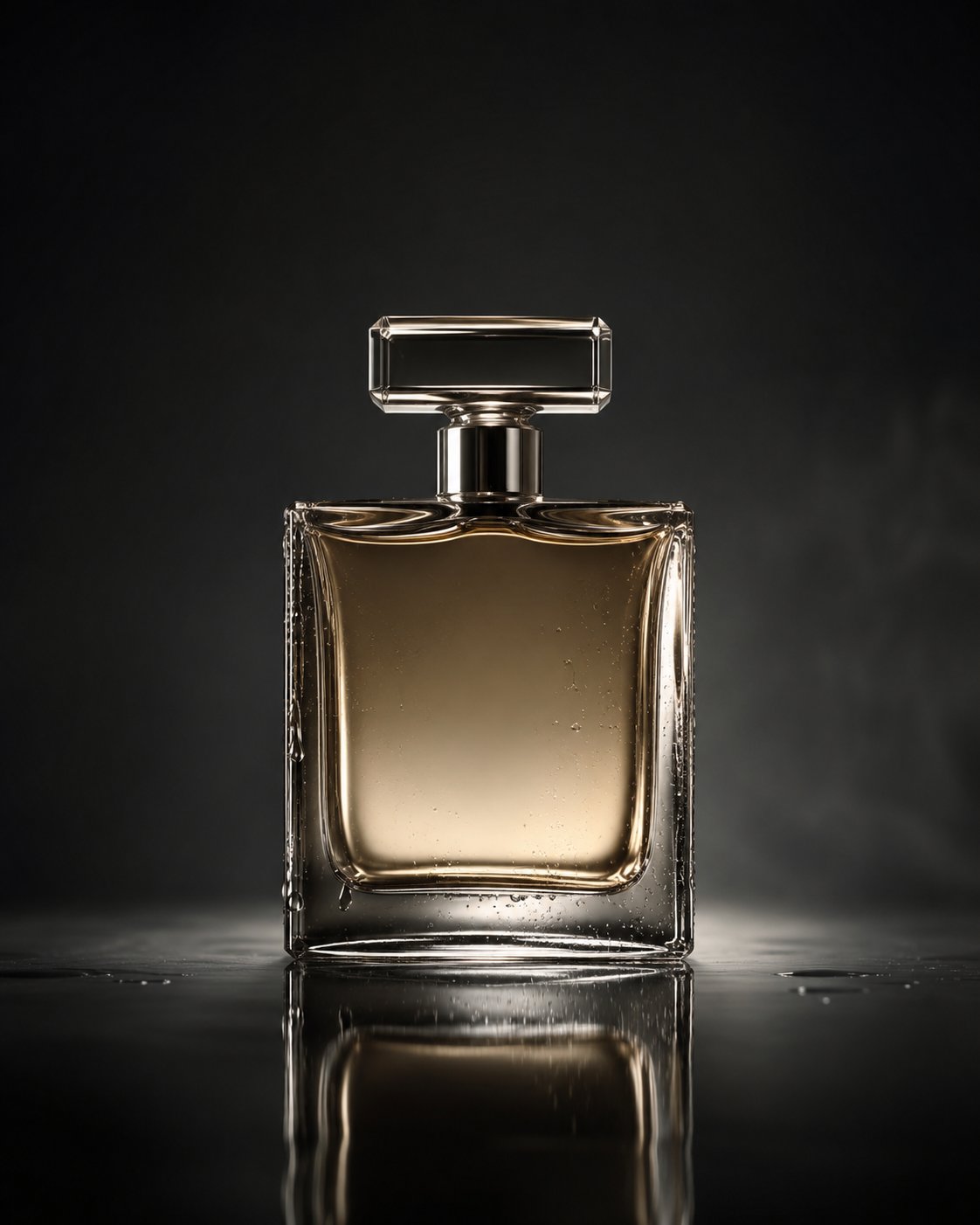 Glass perfume bottle backlit with warm amber glow against dark gradient — fragrance advertising study