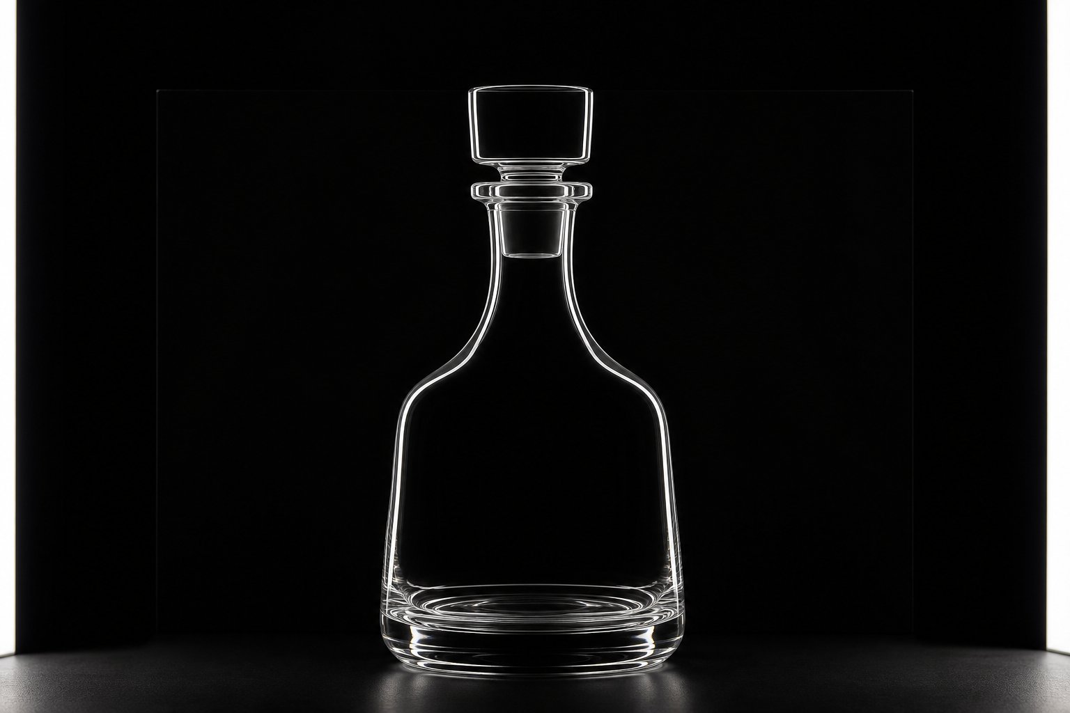 Glass decanter as bright line work on black — dark-field illumination study